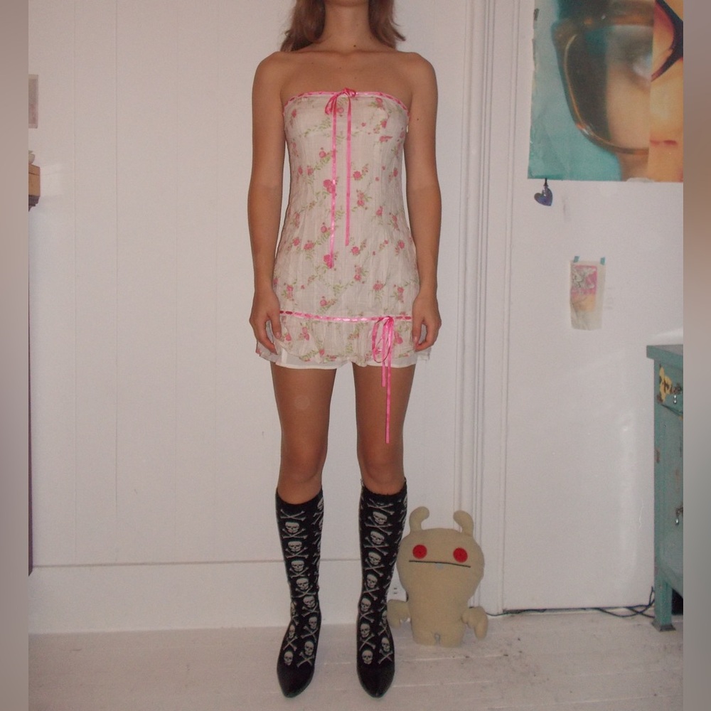 Floral Strapless Dress with Pink Accents